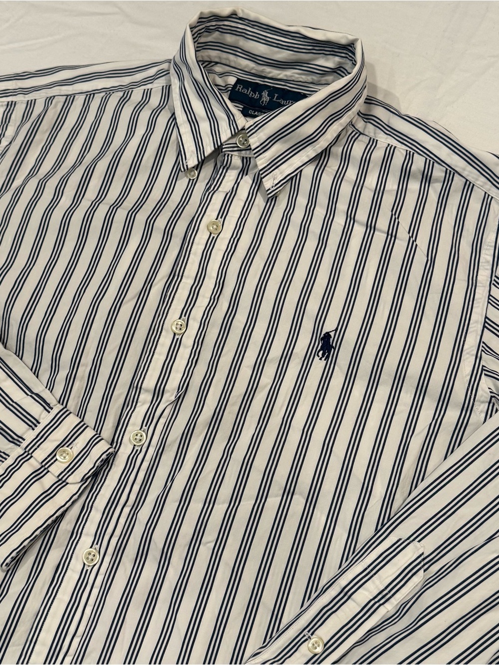 Vintage Ralph Lauren Shirt Mens M Classic Fit Button Down White Blue Striped